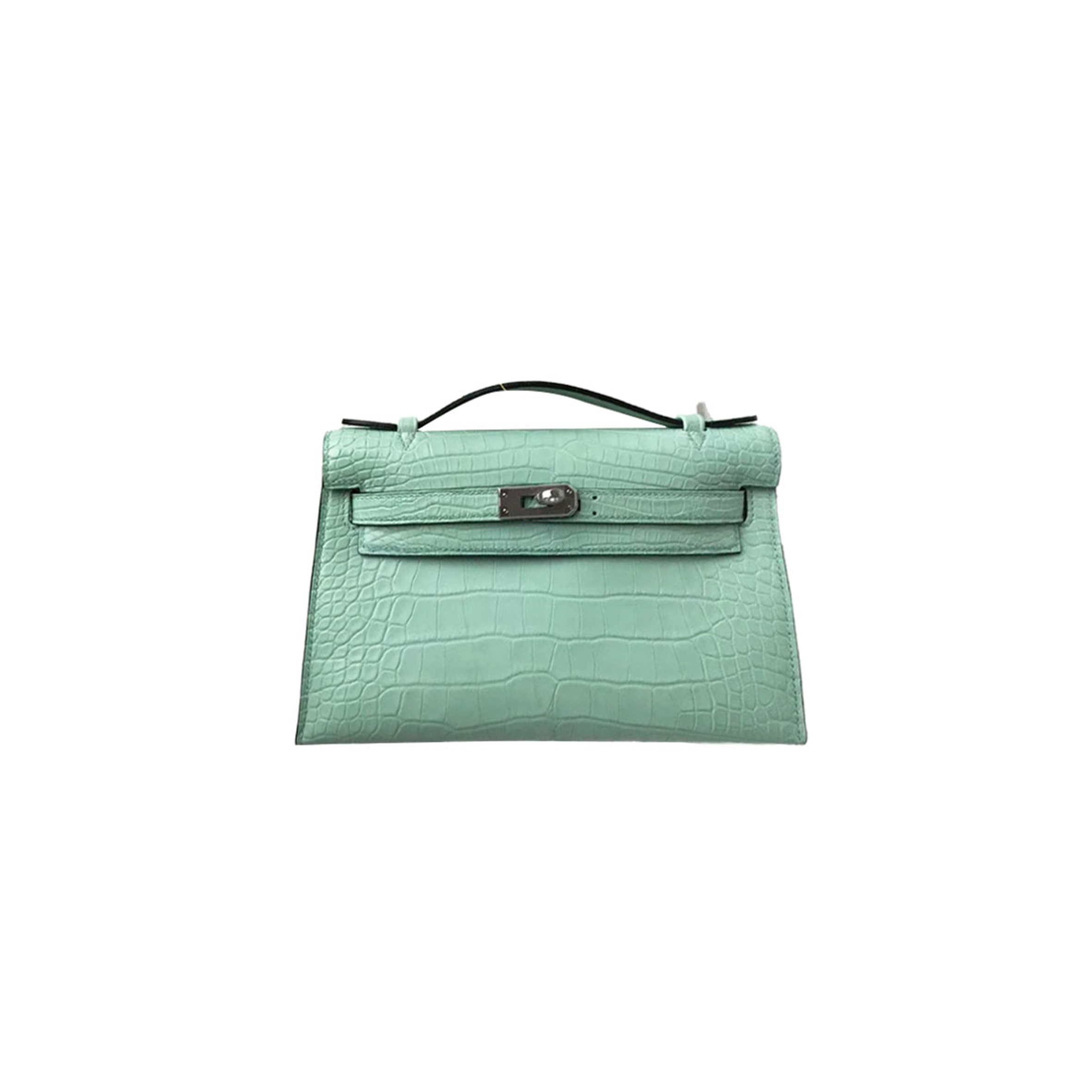 HERMÈS MASTER MINI KELLY POCHETTE MATTE CROCODILE MINT GREEN SILVER BUCKLE (22*14*7cm)